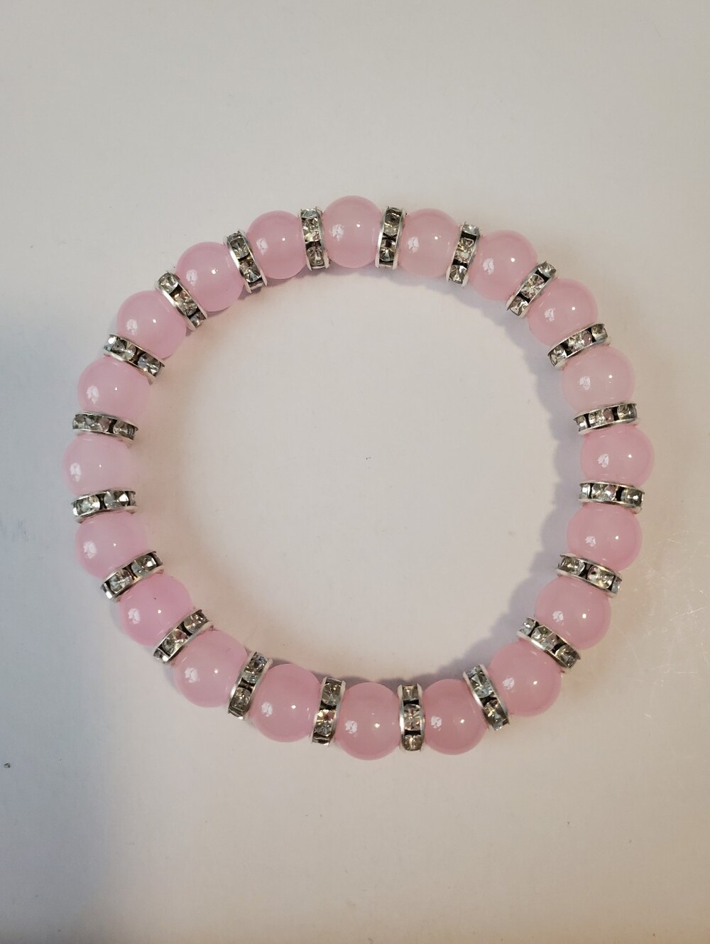 Pink Glass Bead Stretch Bracelet with Rhinestone Spacers
